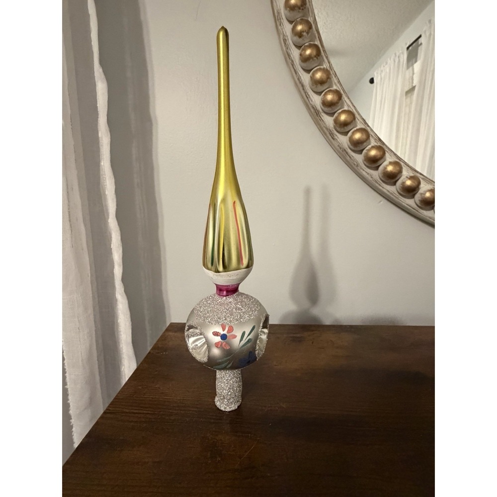 Vintage Glass Christmas Tree Topper Reflector Floral Mica Glitter Gold 11in